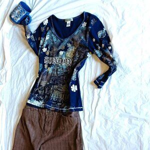 SONOMA PLAID COTTON KNEE PANTS, 12, & COORDINATED GRAPHIC LONG-SLEEVED T, MED